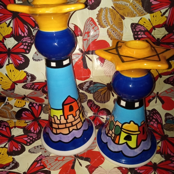 2 BEAUTIFUL NICOLE ENGBLOM CERAMIC SHABBAT CANDLE HOLDERS - Picture 10 of 13